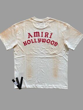 Amiri Hollywood Logo T-Shirt Distressed Dirty Effect Off-White Cotton Tee New XL